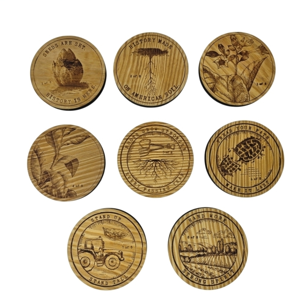 American History Farmcore Set Of 8 Burnt Wooden Coasters Limited Edition